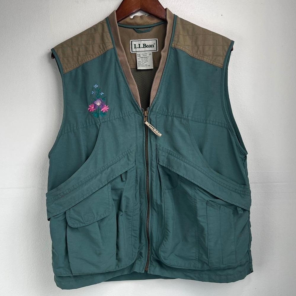 L.L. Bean Fishing Vest Teal Floral Embroidery Cargo Pockets Gorpcore Size M